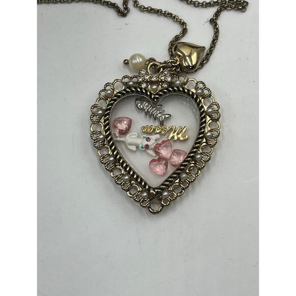 BETSEY JOHNSON Vintage Kitty White Cat Meow Floating Charm Pearl Heart‎ Necklace - Picture 5 of 10